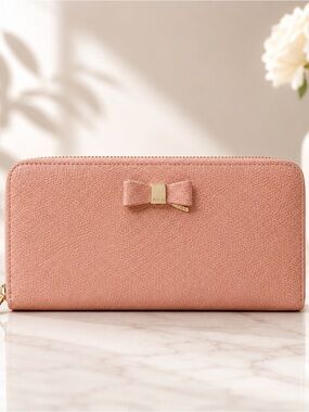 Furla Pink Leather Zip Around Wallet Continental Bow Wallet Gold Hardware